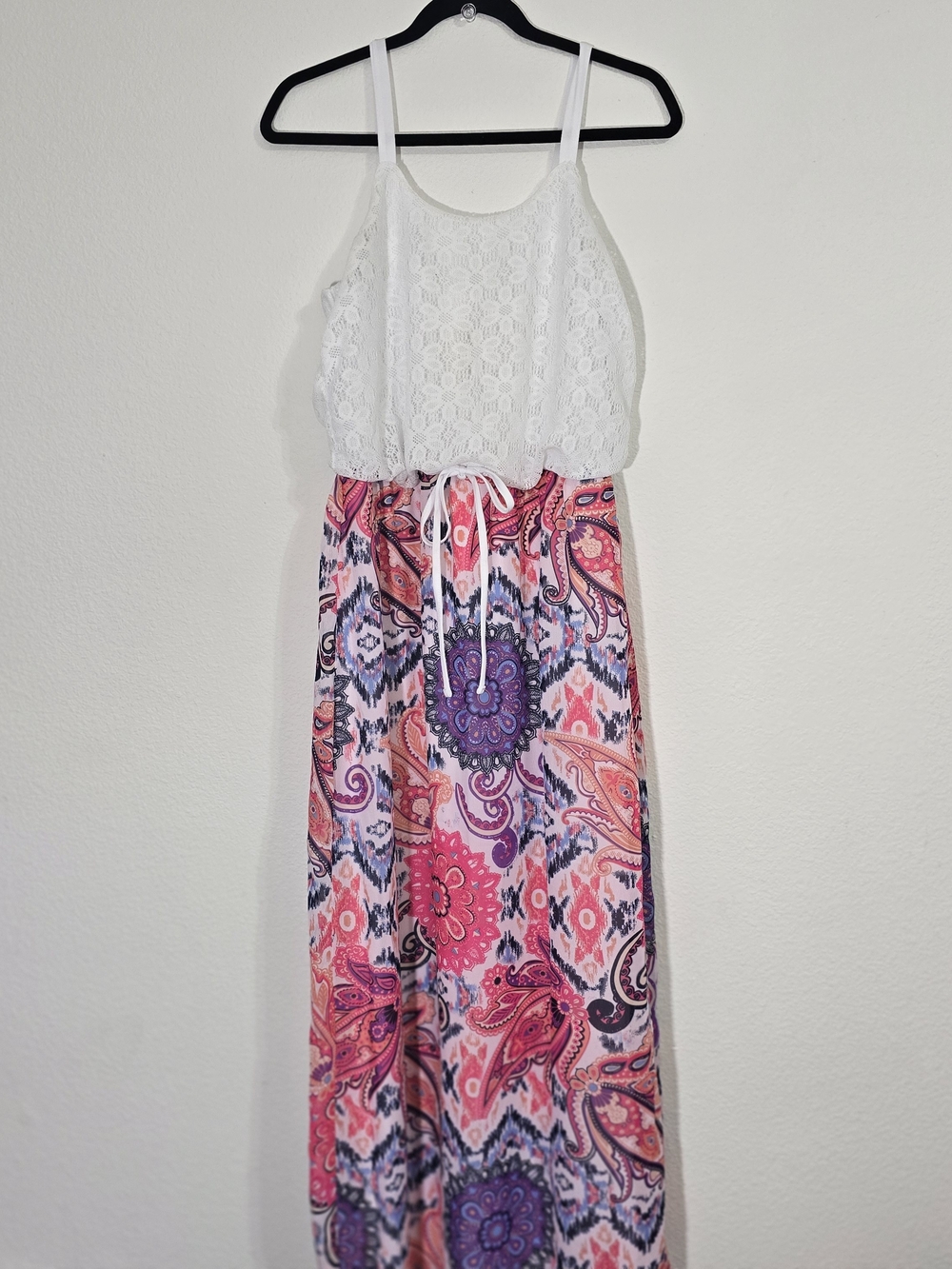 Faded Glory White Lace Halter Maxi Dress with Pink & Purple Paisley Skirt